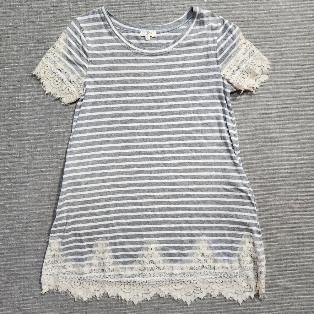 Umgee Grey White Striped Lace Trim Tunic Top with Pockets Small